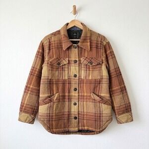 Prana Womens Lower Falls Flannel Jacket Medium Orange Brown Plaid Lined Shacket